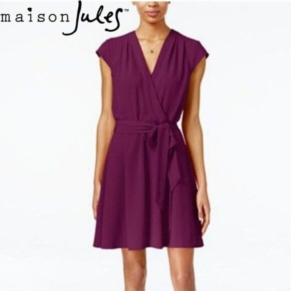 Maison Jules Cap Sleeve‎ Pleated V-neck Faux Wrap Tie Waist Dress